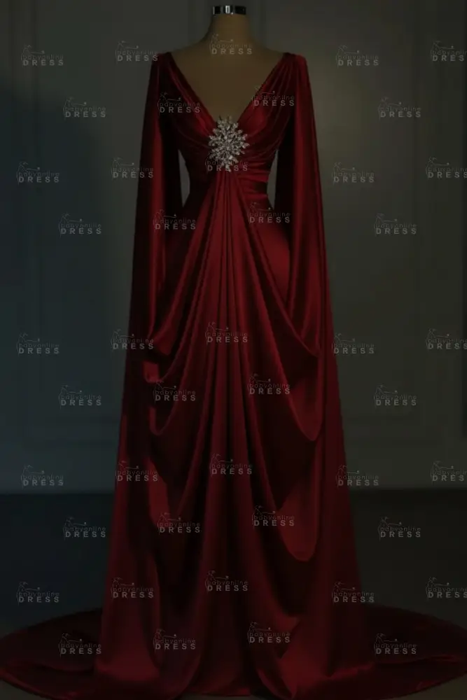 Long sleeves V-neck Satin Ruffles Mermaid Prom Dresses Floor-Length