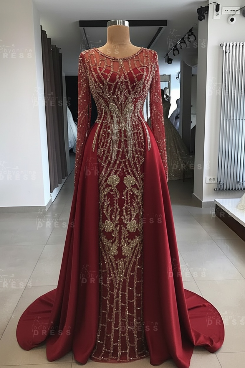 Shining Beaded Long Sleeves Round Neck Prom Dresses With Over Skirt | A Line Evening Gowns