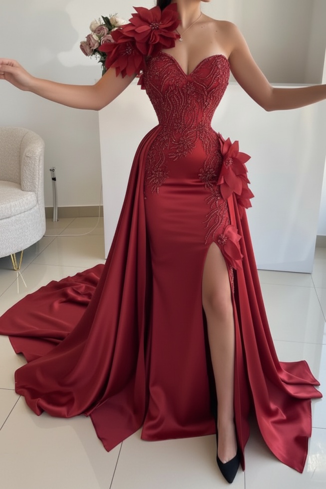 Flowers One shoulder Mermaid Long Prom Dresses with High Split