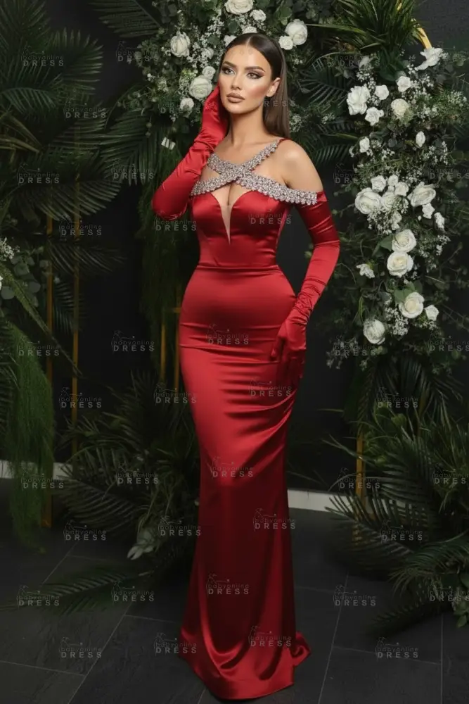 Spaghetti Straps Crystals Column Satin Prom Dresses Floor Length