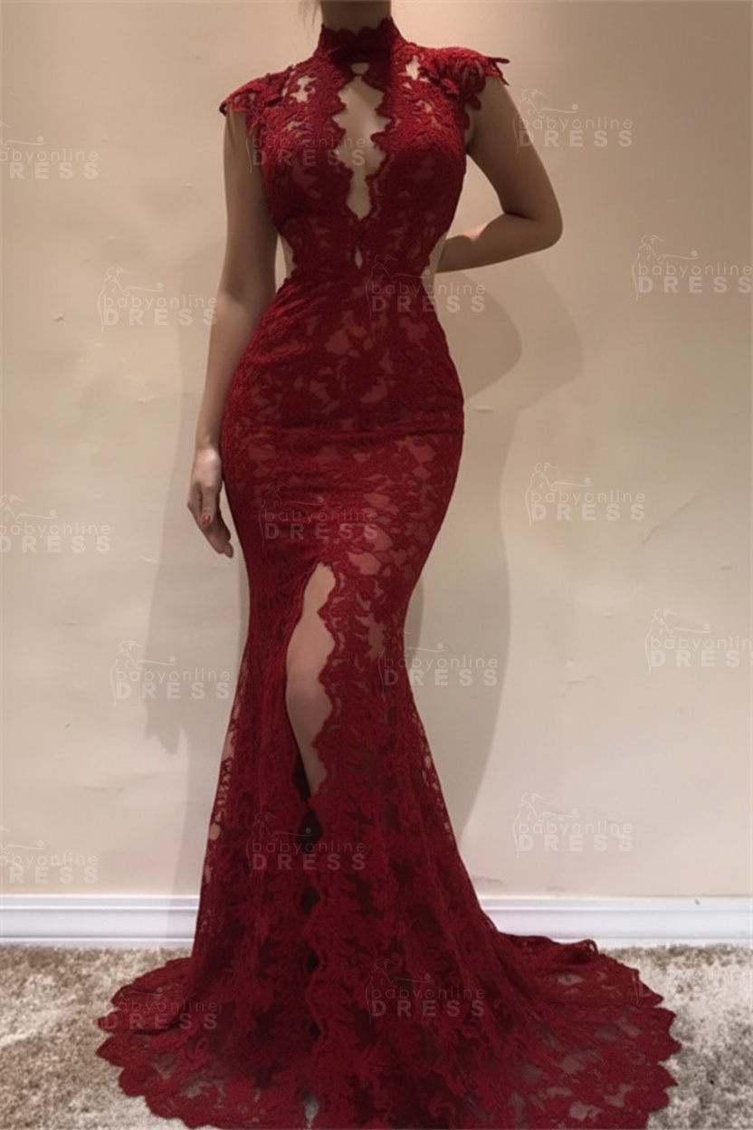 Sleeveless Front Split Evening Dresses | Black High Neck Lace Sexy Prom Dresses