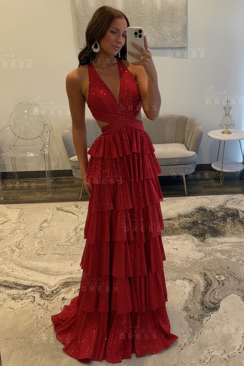 Halter Aline Prom Dress Sequined V-Neck High Split Evening Dress Long