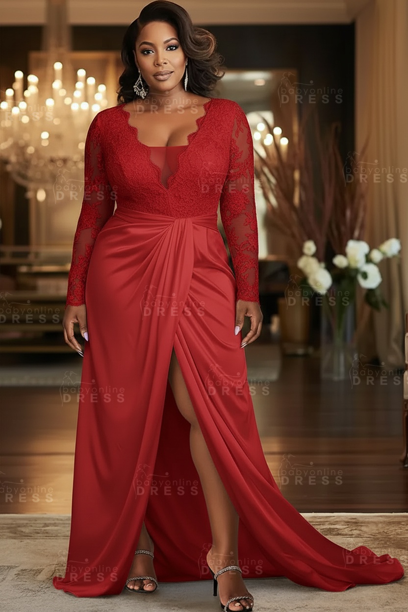 V-neck Appliques Lace Long Sleeve A-Line Prom Dresses with Slit