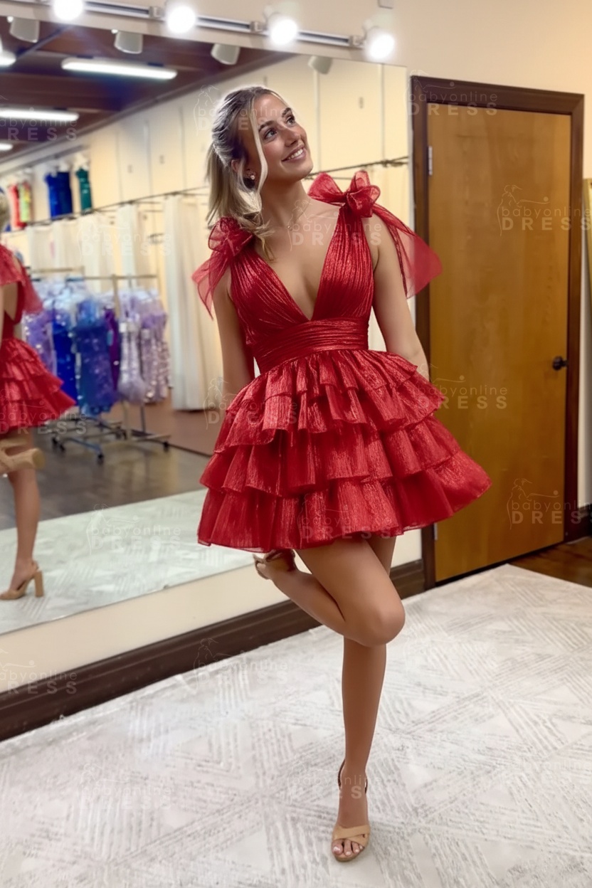 Fuchsia V-Neck Straps Ruffled A-Line Short Homecoming Dress