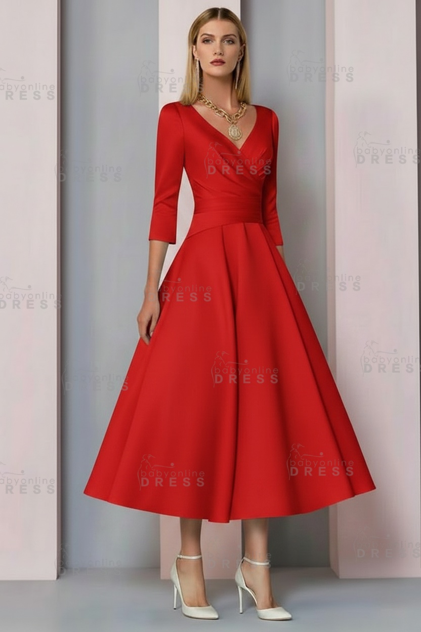 Half Sleeves White Ankle Length Mother of the Bride Dress V-Neck Satin Wedding Guest Dress