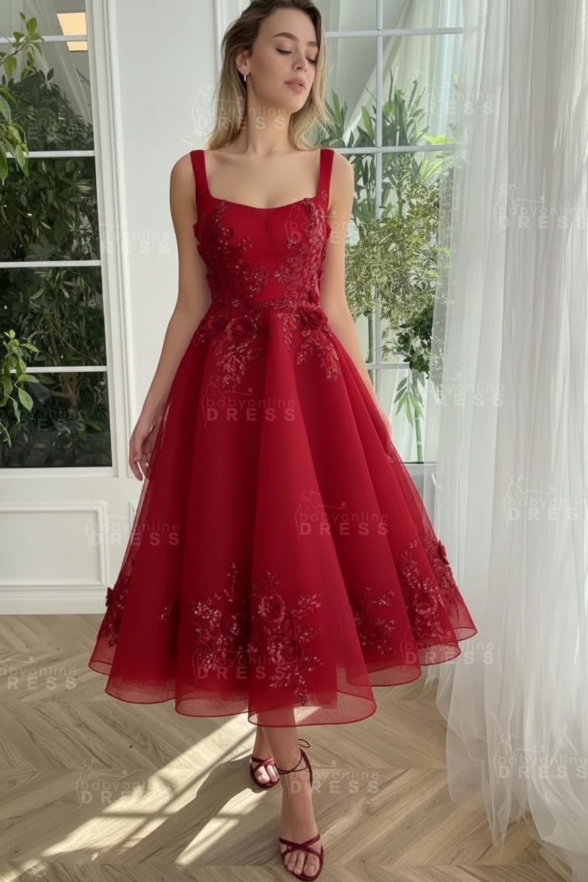 Burgundy Ankle length square neck Homecoming Dress Tulle Aline Formal Dress