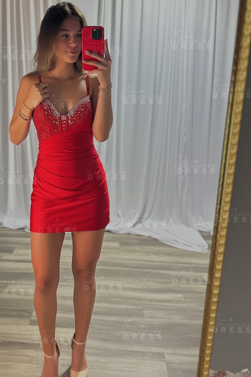 Spaghetti Straps Satin Tight Short Homecoming Dress with Beadings