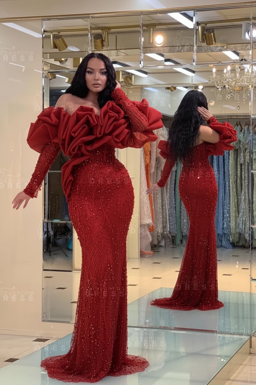 Bubble Sleeves Long Mermaid Prom Dress with Sequins and Beadings