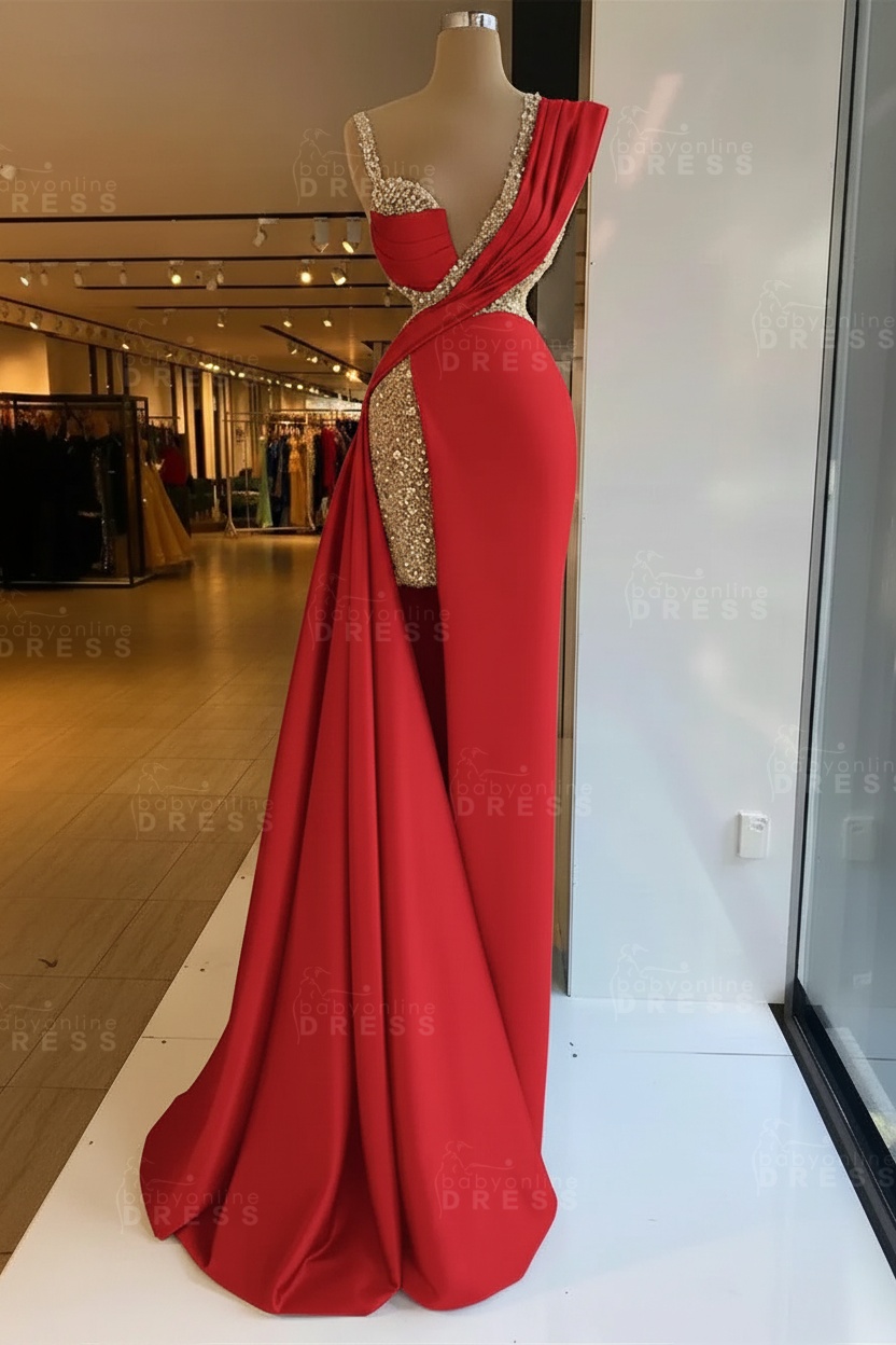 Luxury Satin Prom Dress Sleeveless with Sequins Sleeveless Evening Gown