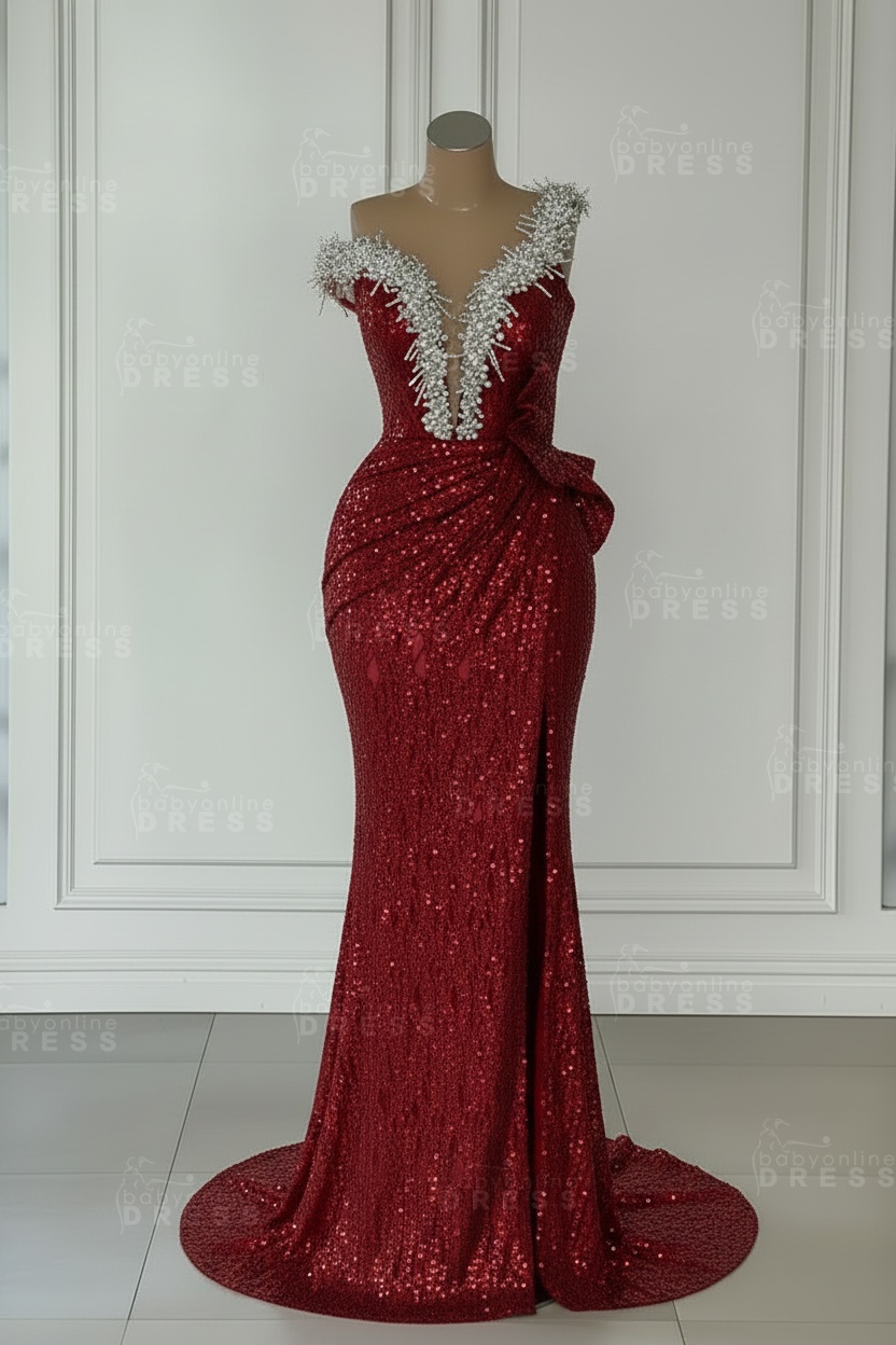 One Shoulder Sequins Sleeveless Long Mermaid Prom Dress