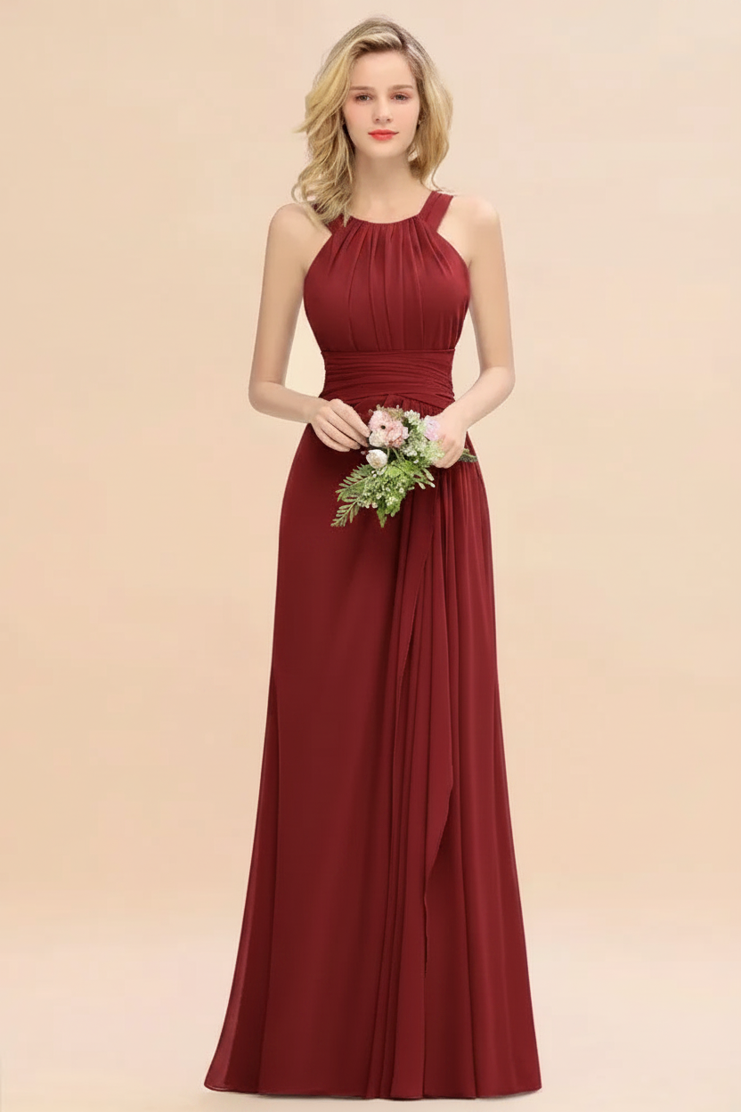 red halter chiffon floor length bridesmaid dress