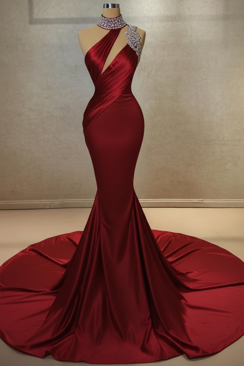 Deluxe White High Neck Sleeveless Mermaid Satin Prom Dresses with Train