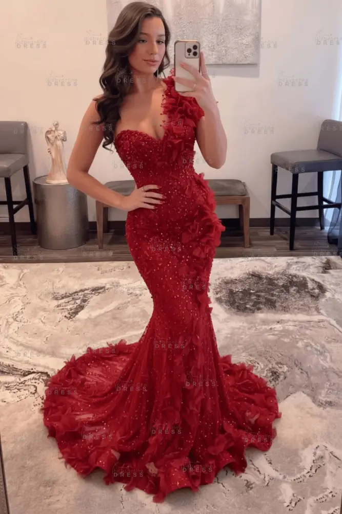 Luxury One Shoulder Sequins Mermaid Prom Dress with Beadings Evening Gown Appliques
