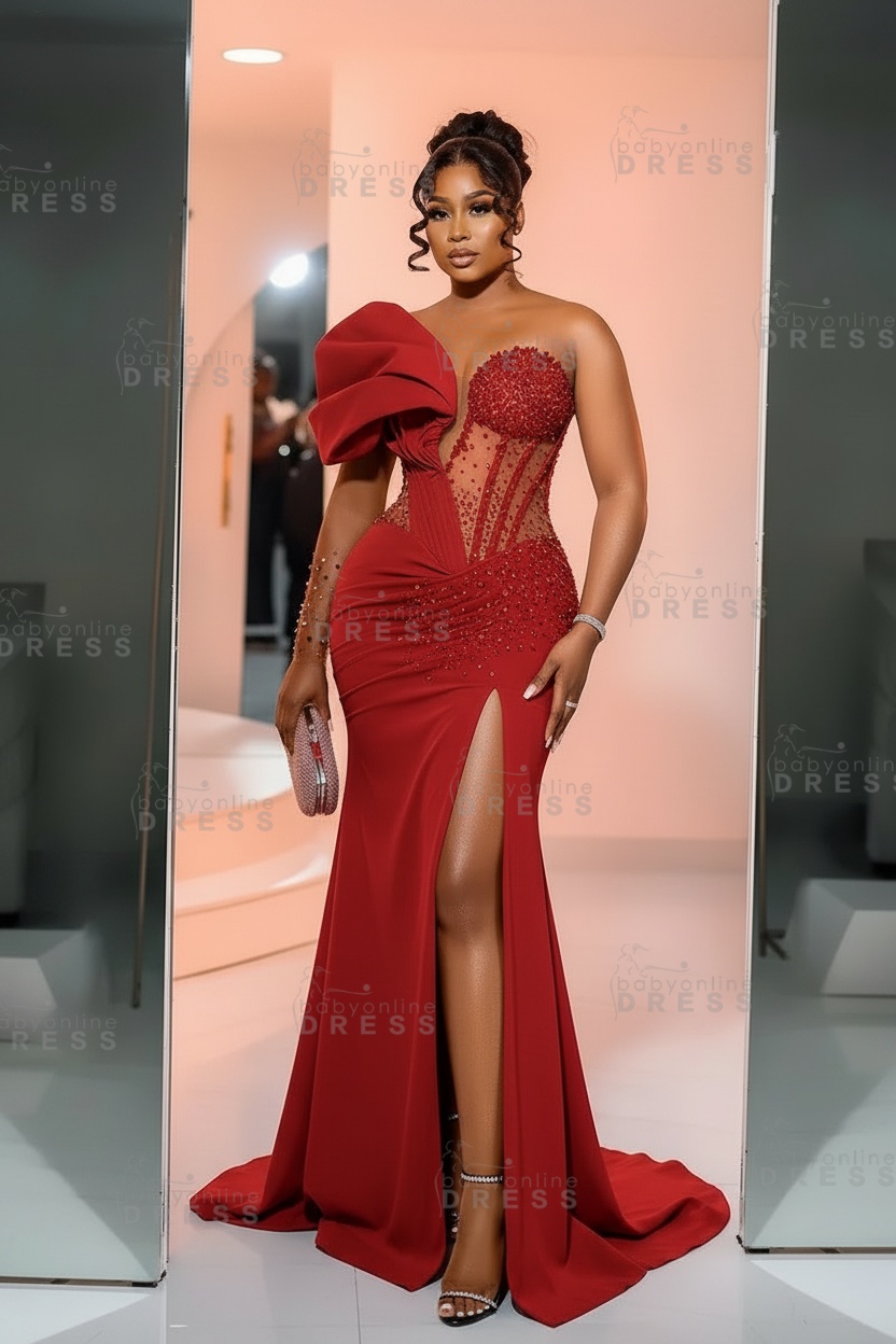 One-Shoulder Long Sleeves Corset Beadings Mermaid Prom Dress with High Split