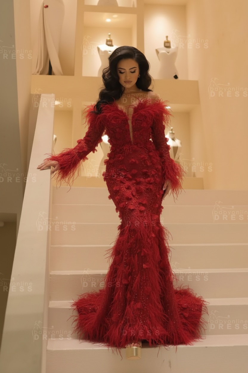 V-neck Long Sleeves Mermaid Evening Dresses Floor Length with Flowers