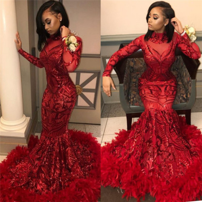 Red Mermaid Sequins Long Sleeves High Neck Prom Dresses