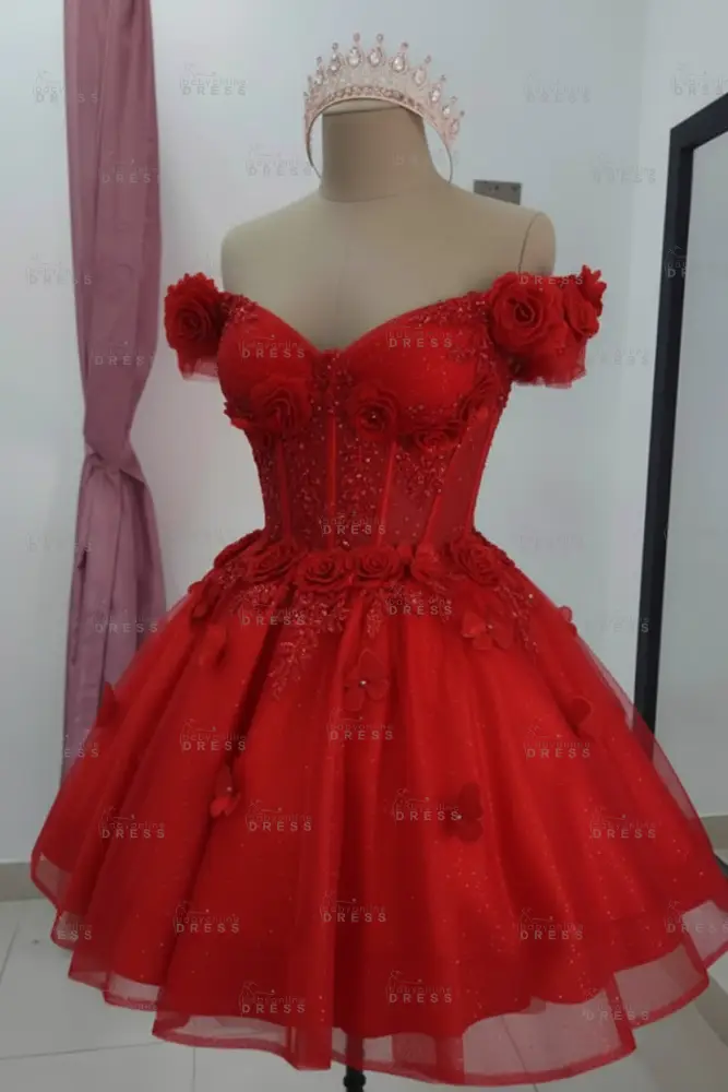 Red Sparkly Off Shoulder Tulle Homecoming Dresses Short