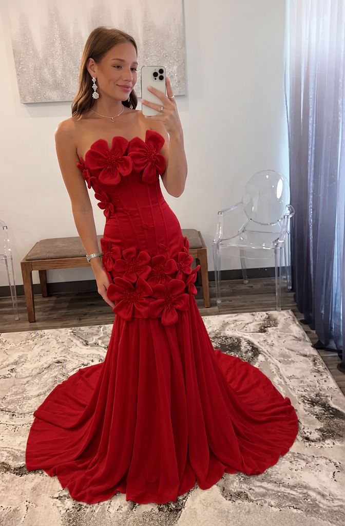 Red Satin Bodycon Prom Dress with 3D Floral Appliques