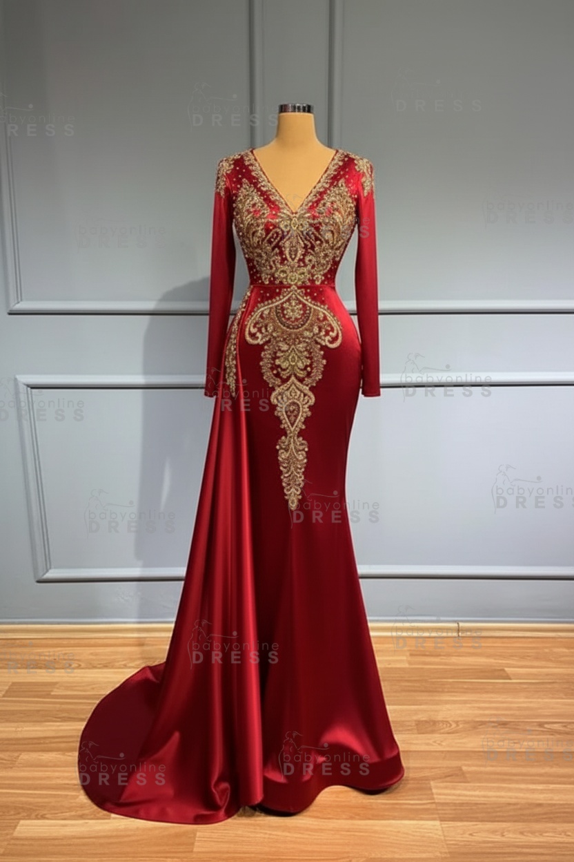 Glamorous V-Neck Long Sleeves Mermaid Prom Dress with Crystals