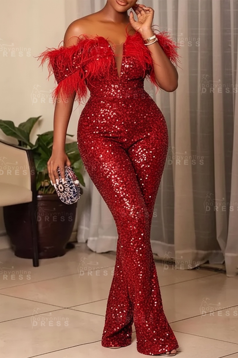 Plus Size Off Shoulder Sequin Women Jumpsuit Black Long Party Jumpsuits