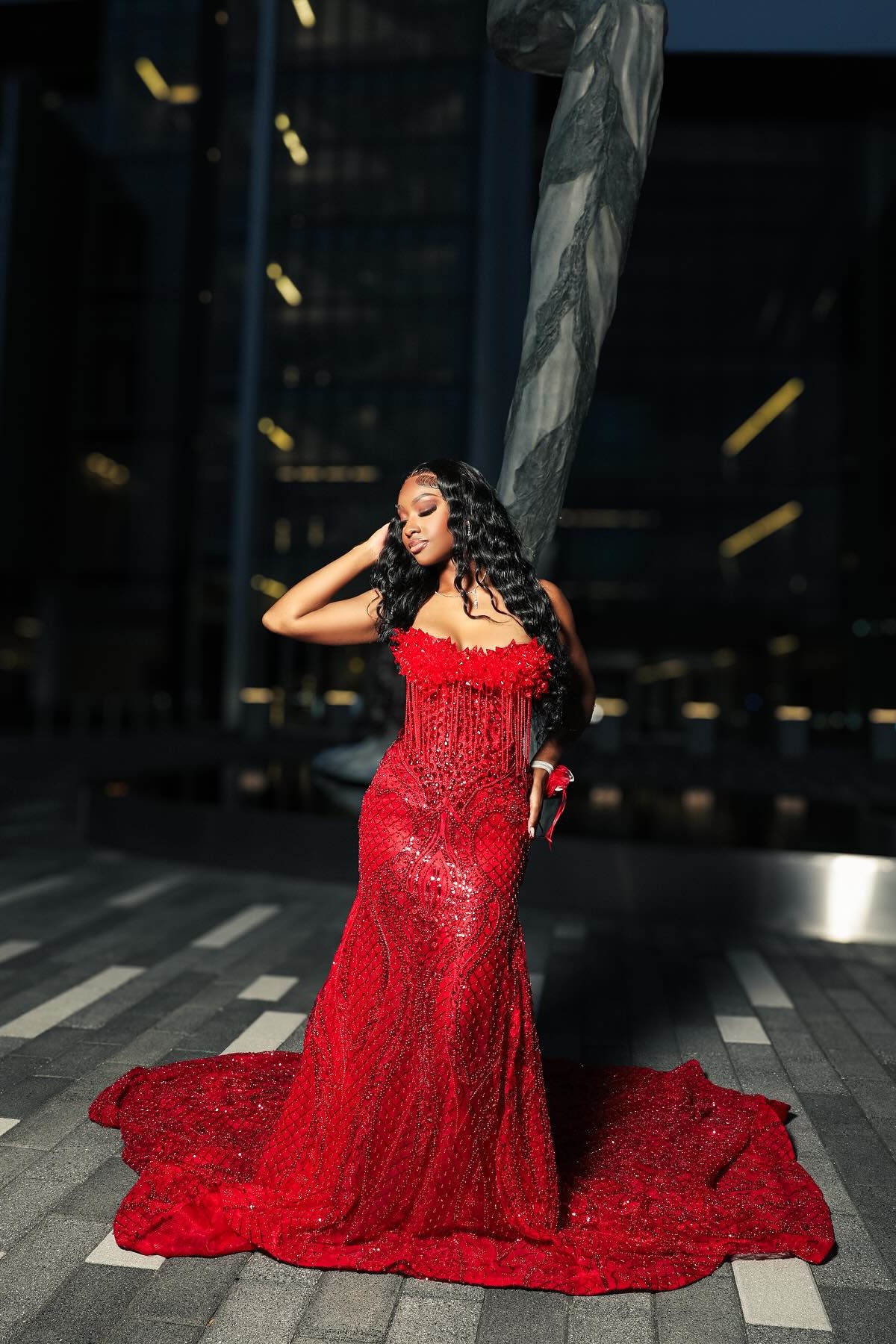 Red Strapless Sequins Mermaid Prom Dress Floor-Length with Appliques