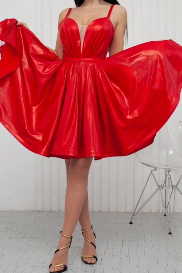 Red Straps Satin Knee length Puffy Homecoming Dresses