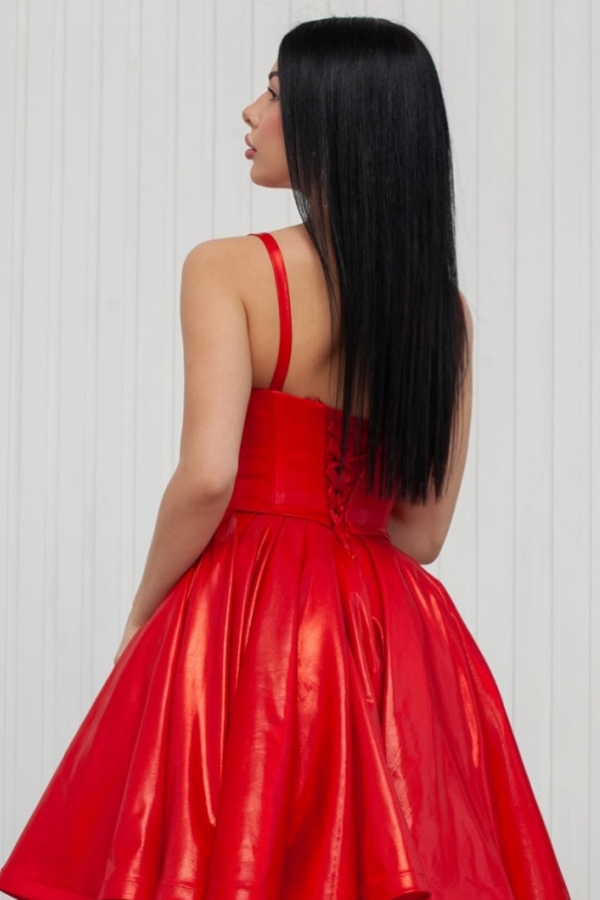 Red Straps Satin Knee length Puffy Homecoming Dresses