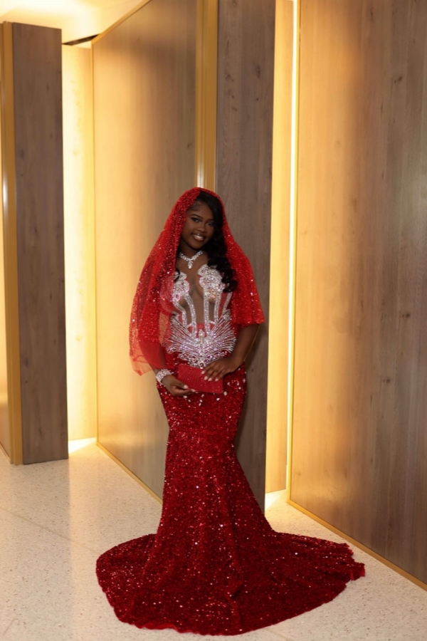 Sequins Mermaid Prom Dress Long with Veils Red Evening Gowns