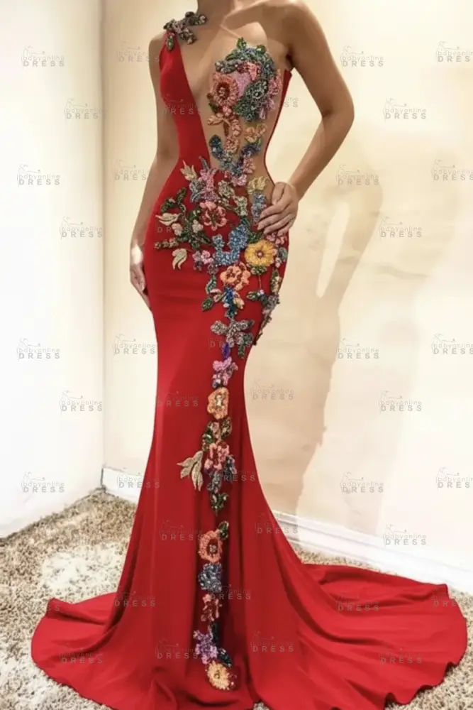 Amazing One-Shoulder Floral Pattern Beadings Floor-Length Mermaid Prom Dress 