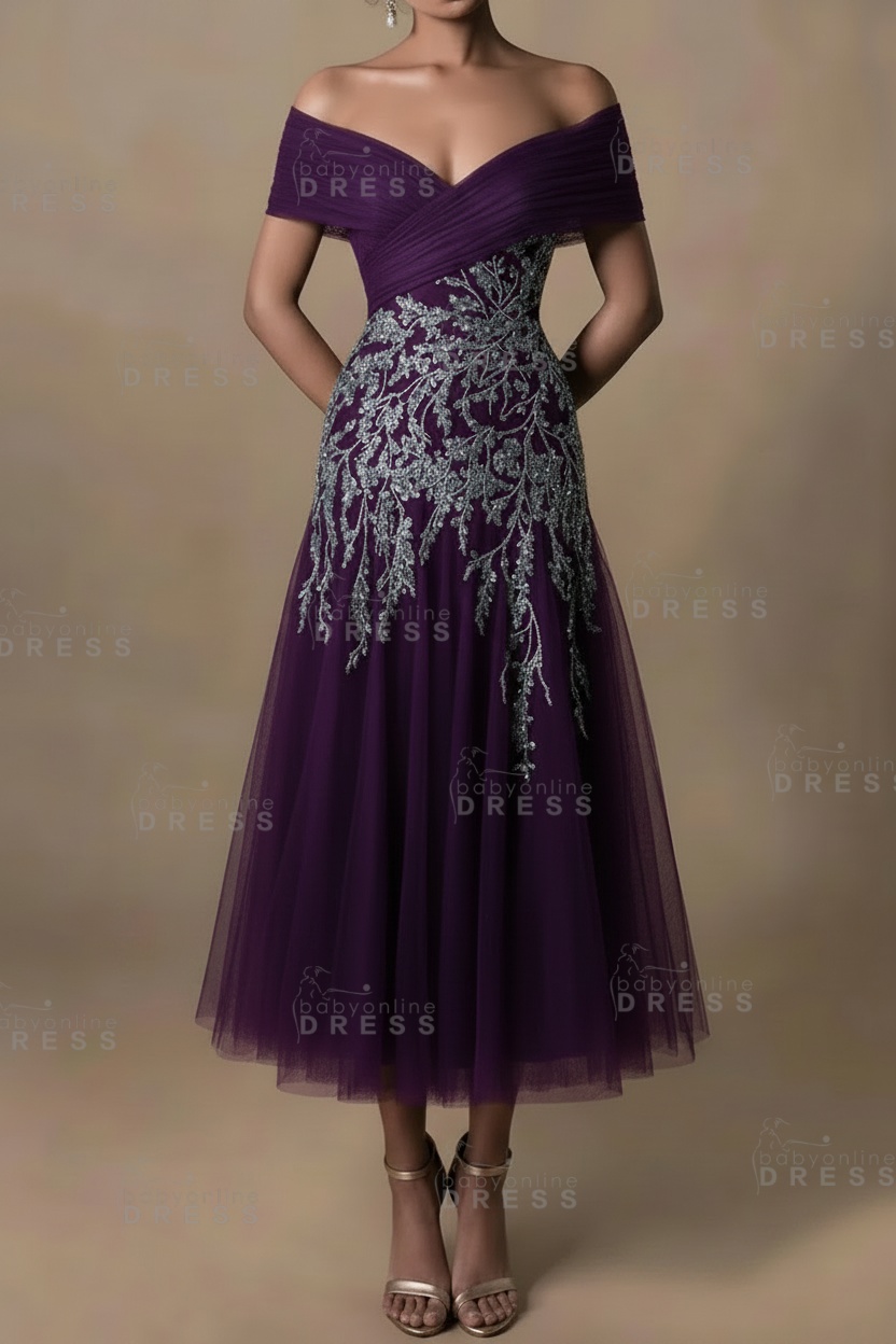 Champagne V-Neck A-Line Tea Length Prom Dress Tulle Mother of the Bride Dress