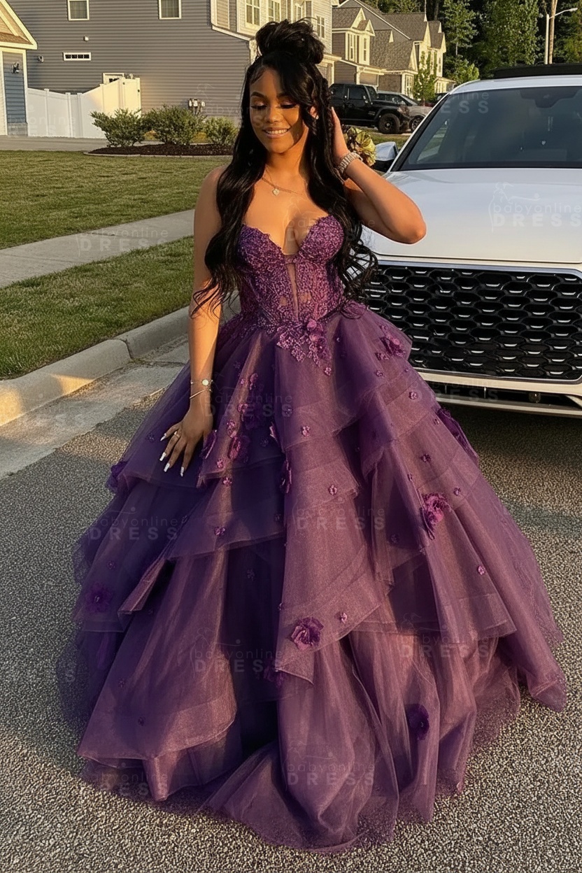 Sleeveless V-Neck Tulle Aline Prom Dress Floral Tiered Ruffles Corset Evening Dress