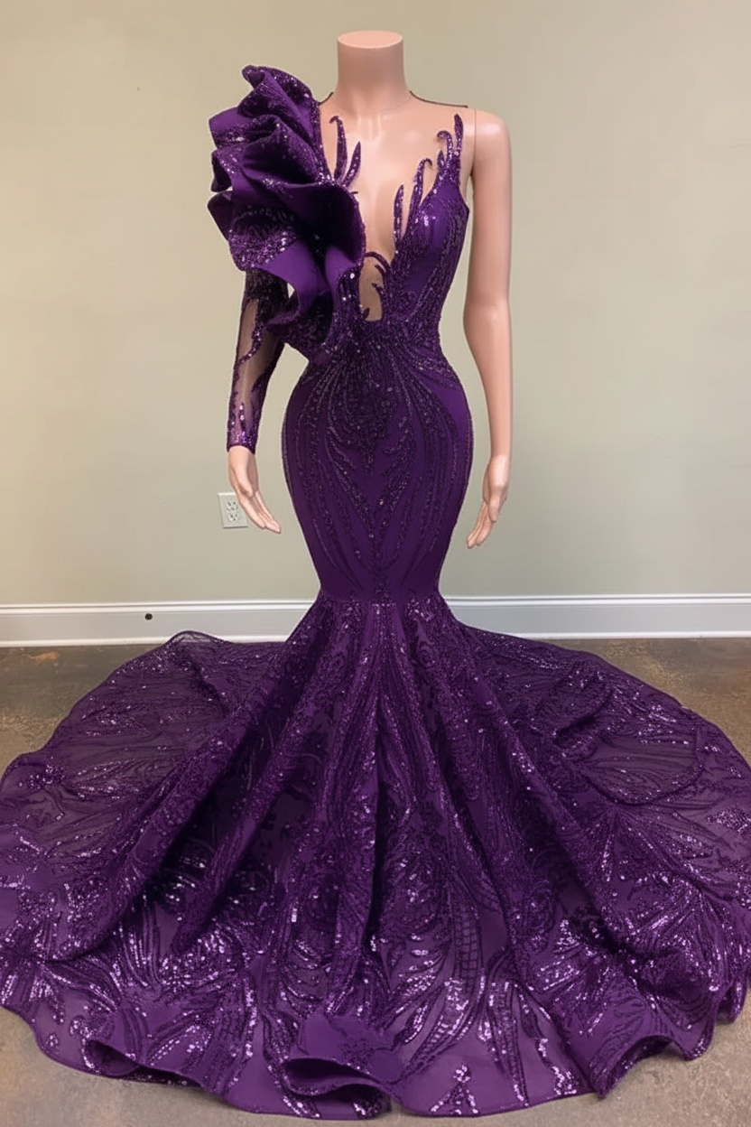 Chic Black Long Sleeve Asymmetrical Floor Length Mermaid Prom Dress