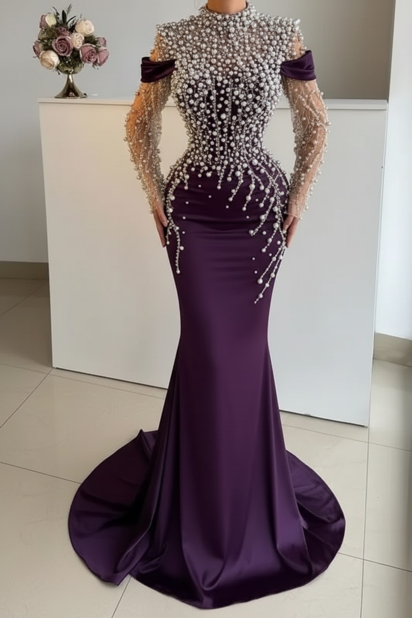 Unique High Neck Beading Long Sleeve Mermaid Prom Dresses