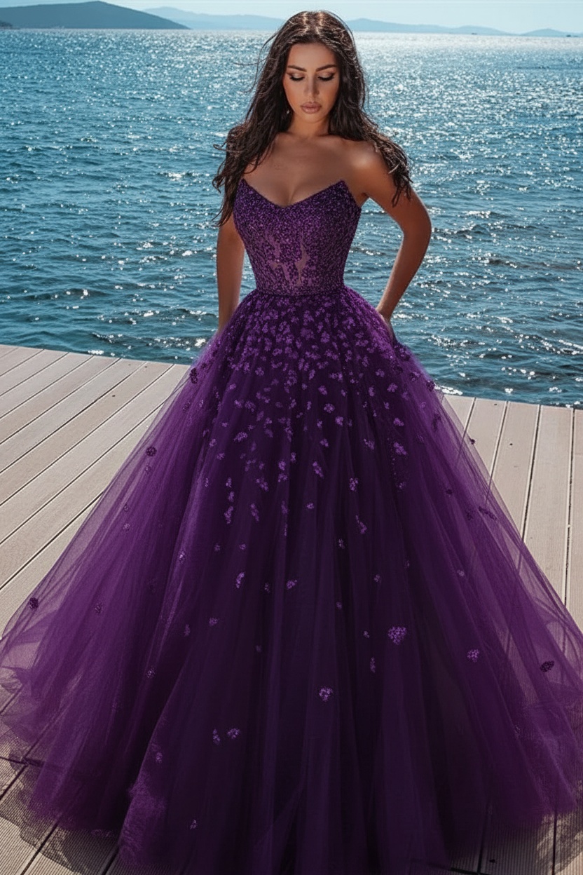 Elegant sky blue Butterfly Strapless Sweetheart Tulle Sparkle Prom Dress