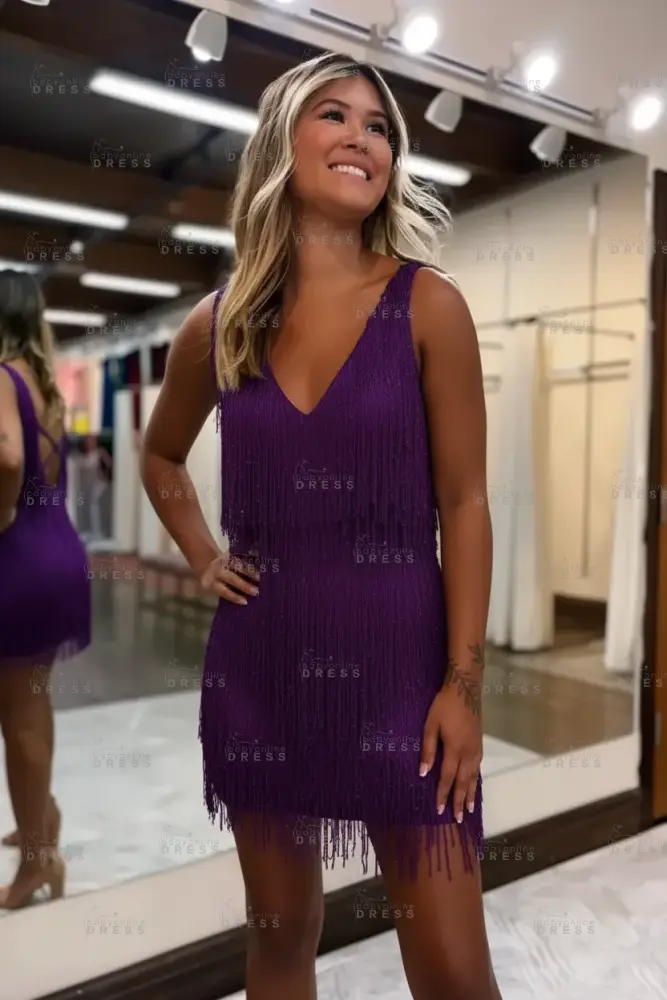 White V-Neck Backless Short Homecoming Dress with Tassels