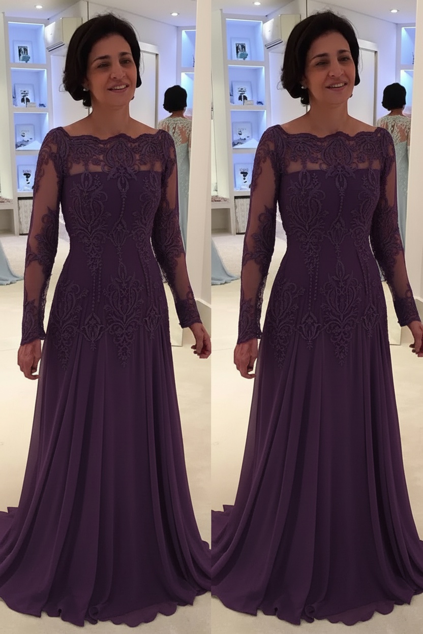 Elegant Floor-Length Lace Long-Sleeves A-line Mother of the Bride Dress 