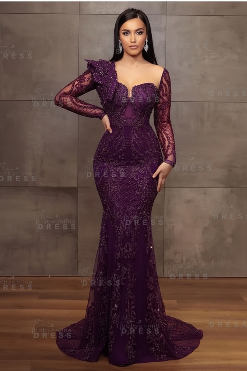 Stunning Burgundy Beadings Long Sleeves Mermaid Prom Dress