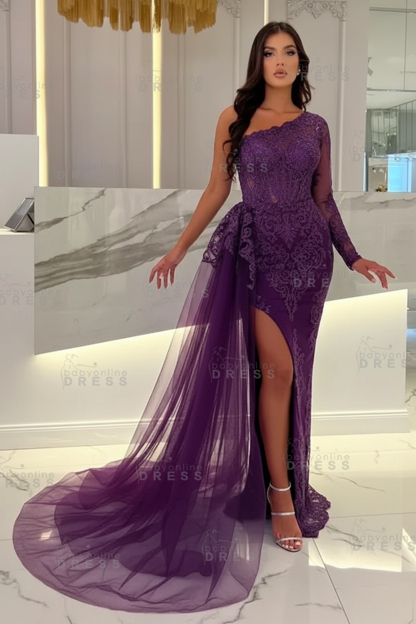 Sexy Sky blue One-shoulder Mermaid Prom Dress Tulle with High split