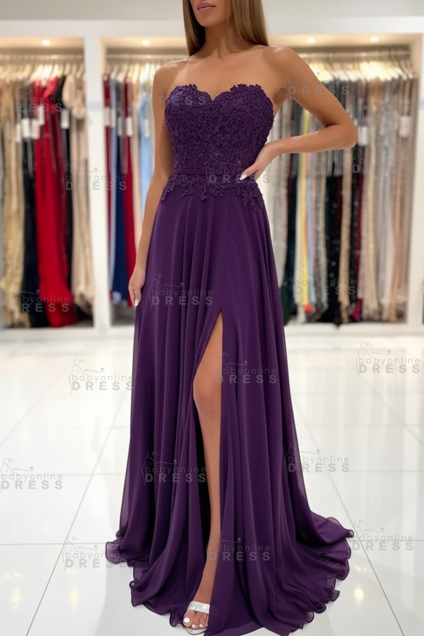 Sweetheart Strapless A-Line Chiffon Floor Length High Split Prom Dress