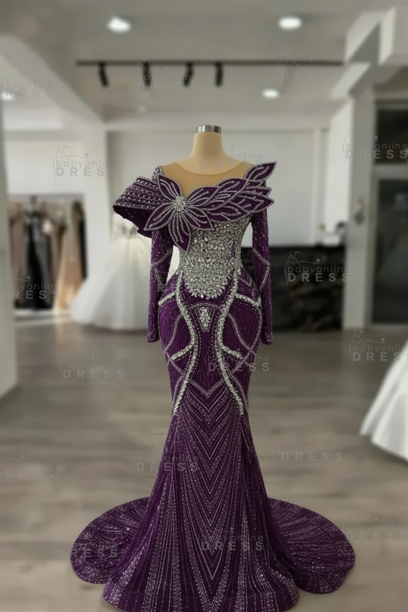 Luxury Crystals Long Sleeves Floor-Length Mermaid Prom Dress with Flowers 