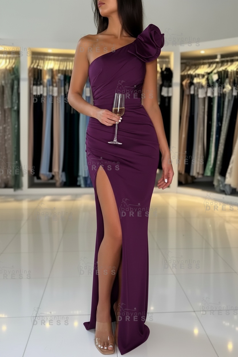 One-Shoulder Satin Floor-Length Mermaid Prom Dress with High Split