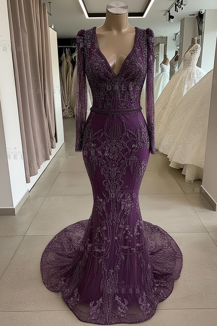 Gorgeous Mermaid Lace Beading V Neck Long Sleeves Prom Dresses | Evening Gowns With Beading Waistband