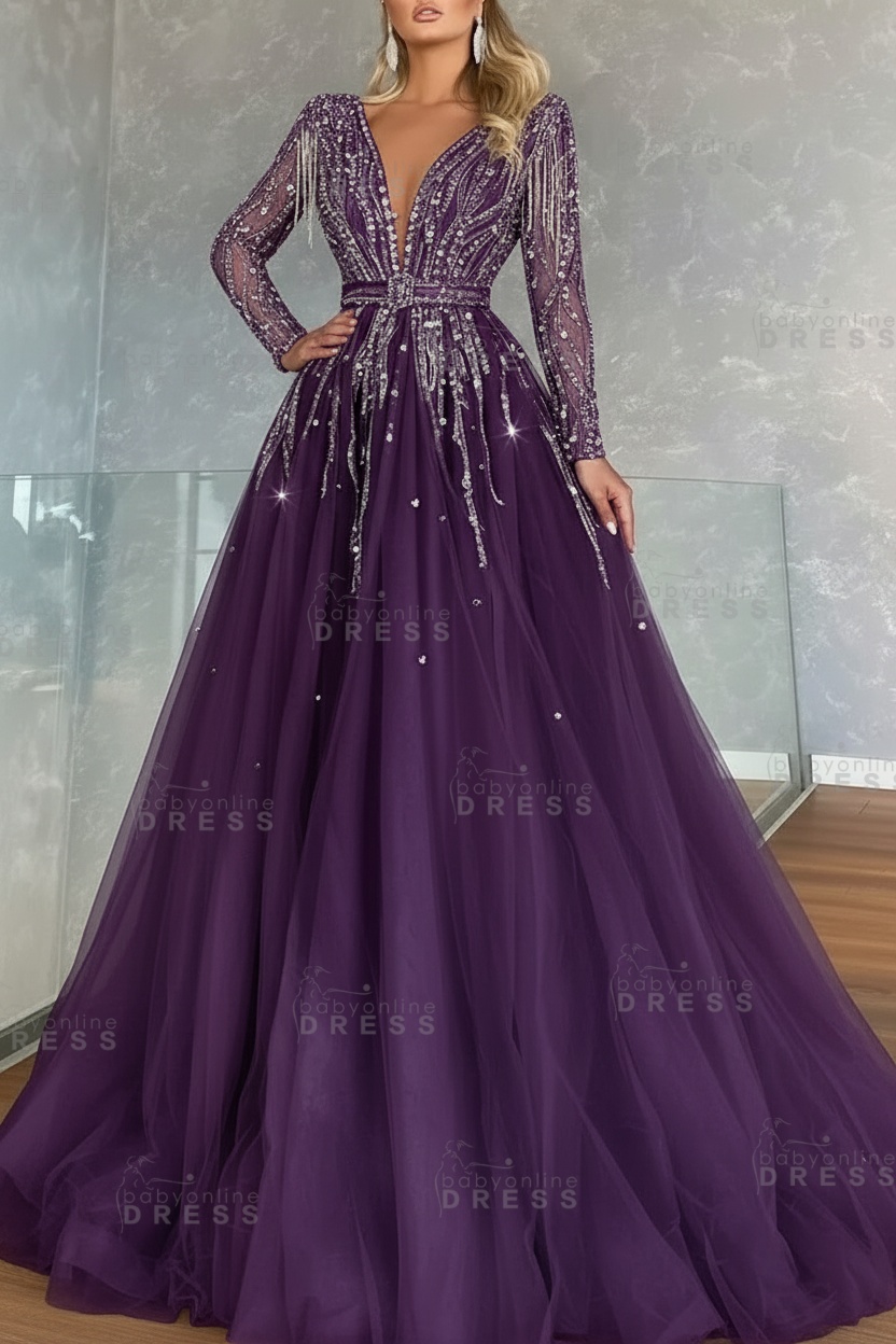 Long Sleeves V-neck Ball Gown A-line Prom Dress with Beadings