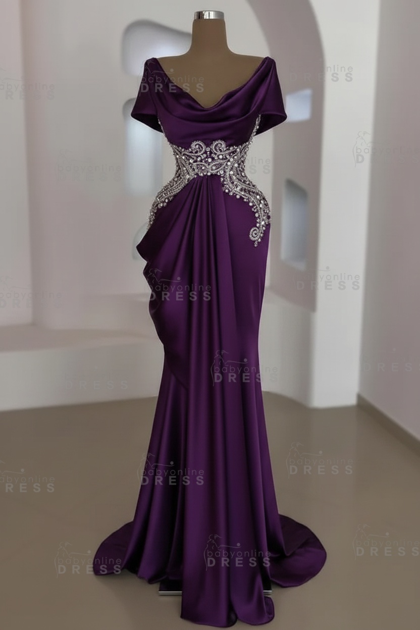 Short sleeves Mermaid Round neck Gray Prom Dresses