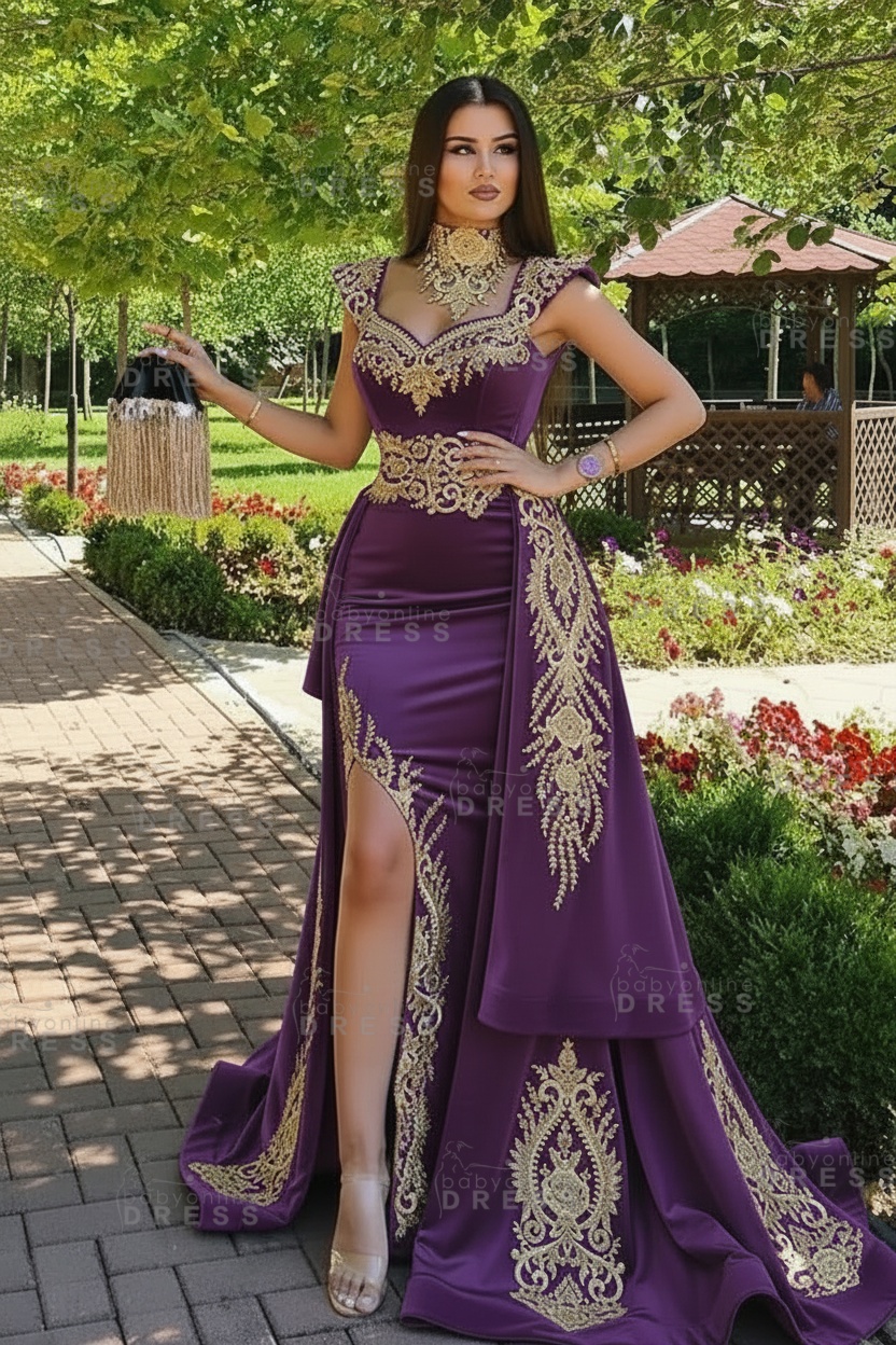 Dark Green Velvet Mermaid Evening Dress with Gold Lace appliques