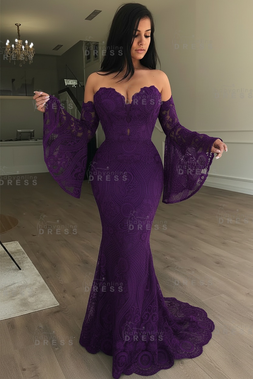 Off-the-Shoulder Long Sleeves Lace Floor-Length Mermaid Evening Dress