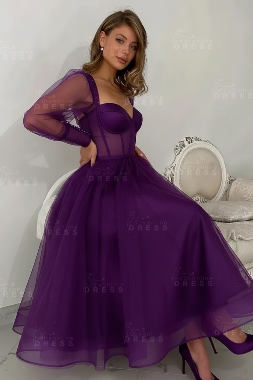 Long sleeves Pink See through Tulle Homecoming Dresses Aline