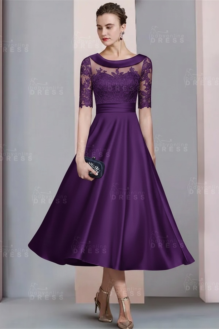 Elegant Ivory Jewel Lace Beading A-Line Tea Length Satin Wedding Guest Dress Formal Mother Dress