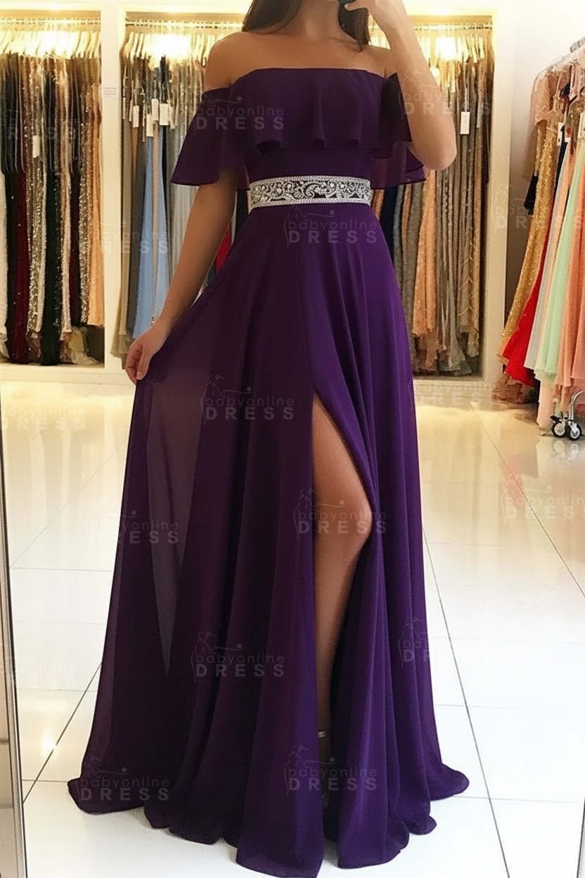 Sky Blue Off The Shoulder Evening Dresses Sexy | Chiffon Side Slit Prom Dress with Crystals Belt