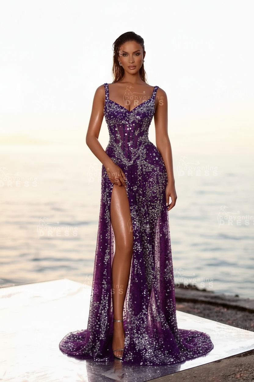 Sweetheart Silver Mermaid High Split Floor length Prom Dresses with Beadings
